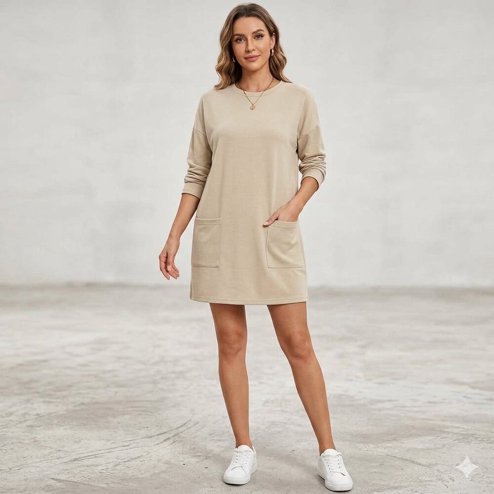 Dokotoo Womens Sweatshirt Dress Tunic Size L Beige Crewneck Long Sleeve Pockets